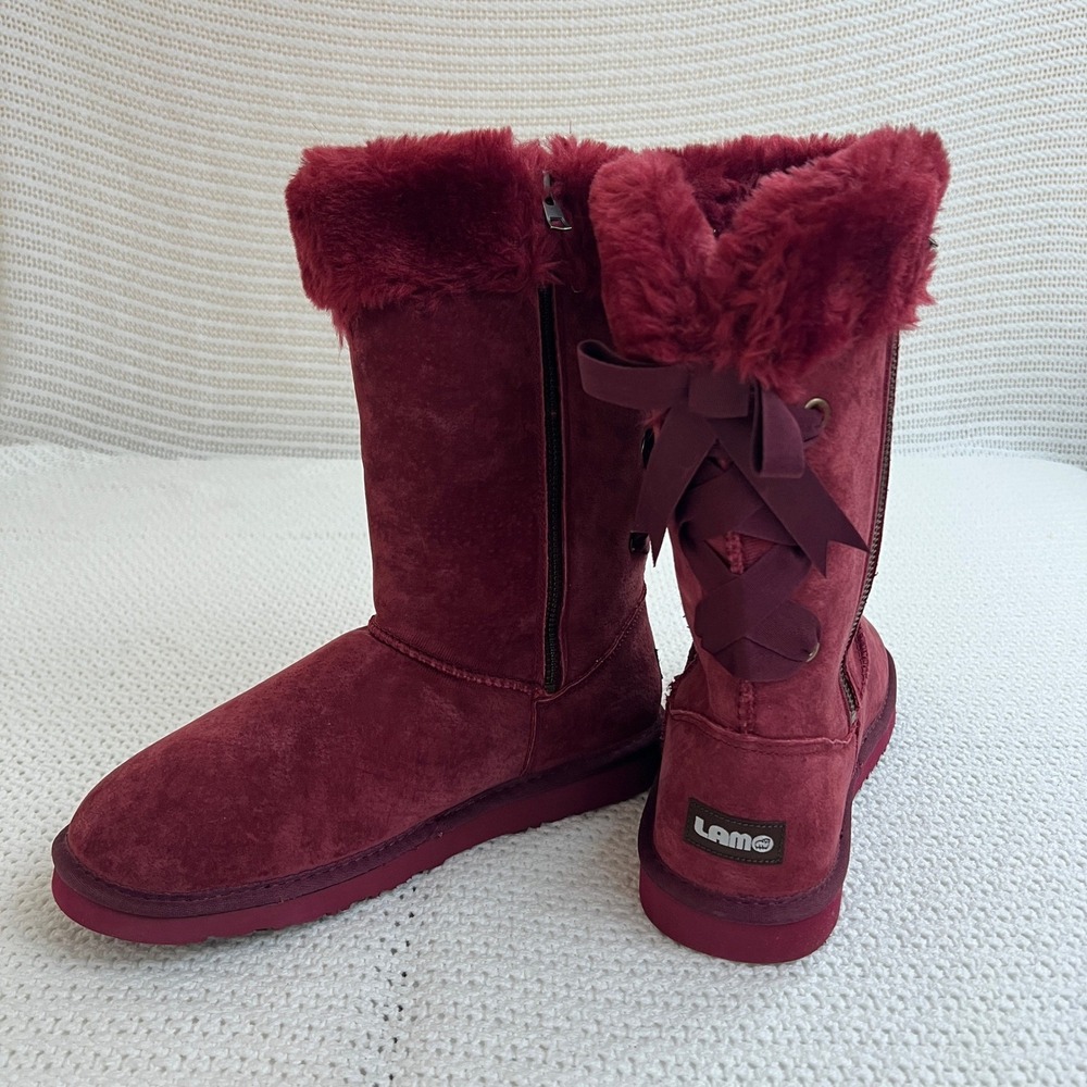 LAMO Women's Adele Tall Suede Faux Fur Lined Lace Back Boots Coquette Size 9